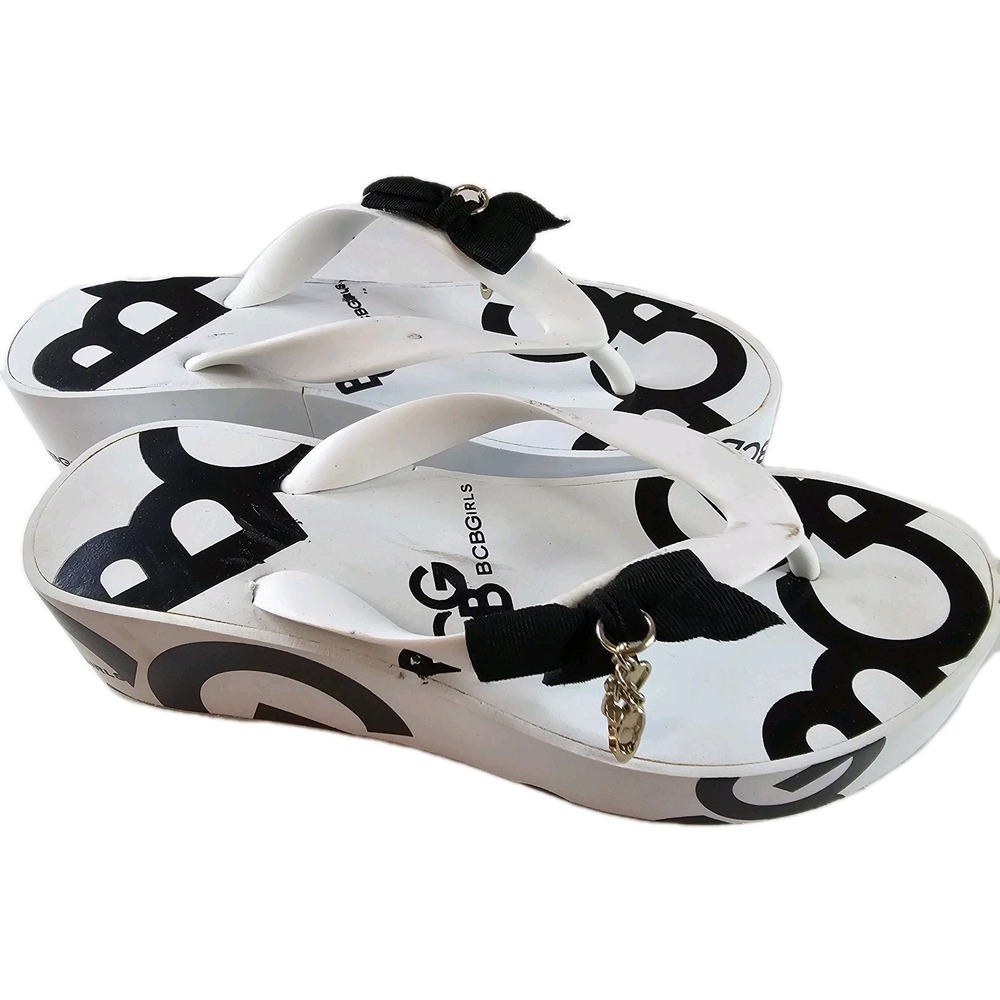 BCBGirls Women White Black Logo Platform Wedge‎ Flip Flops Sandals Size 6B 36